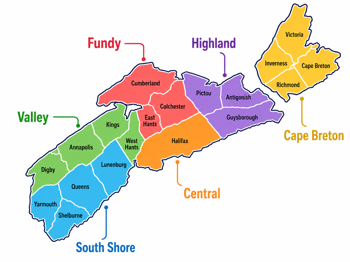 Map of Basketball Nova Scotia regions showing Cape Breton, Central, Fundy, Highland, South Shore and Valley regions.